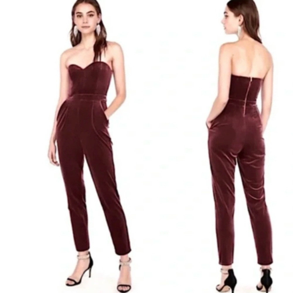 Express Velvet Strapless Jumpsuit - Deep Red